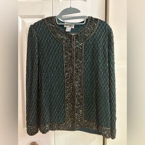 J KARA VINTAGE 100% SILK BEAD EMBELLISHED BUTTON HOLIDAY EVENING JACKET. Size S